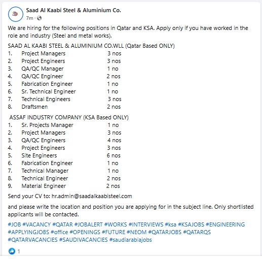 Saad Al Kaabi Steel & Aluminium Co. Jobs for Qatar and Saudi Arabia