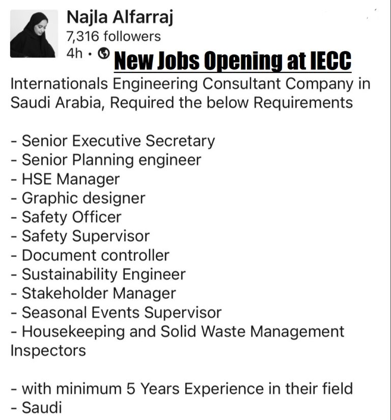 New Jobs Opening at International Engineering Consultant Company in Saudi Arabia 2024